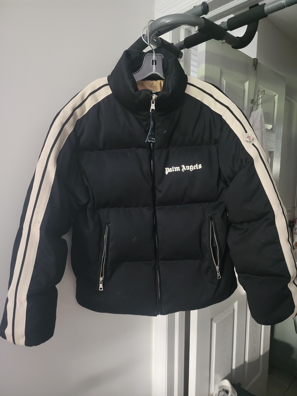 Moncler Thick And Worm Black Puffer Jacket with Cream Racing Stripes. M.
